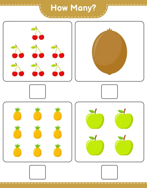 Räkna Spel Hur Många Frukter Pedagogiska Barn Spel Utskrivbara Kalkylblad — Stock vektor