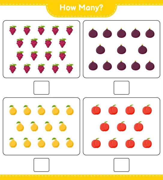 Oyun saymak, kaç meyve. Eğitimsel çocuk oyunu, yazdırılabilir çalışma tablosu, vektör illüstrasyonu