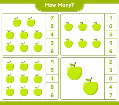 Maç sayısı, kaç Apple. Eğitimsel çocuk oyunu, yazdırılabilir çalışma tablosu, vektör illüstrasyonu