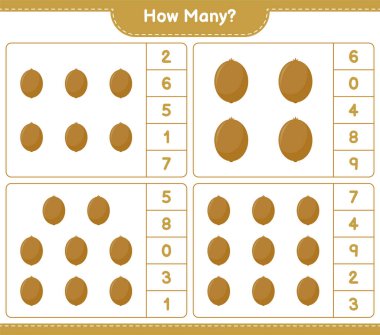 Maç sayısı, kaç tane Kivi. Eğitimsel çocuk oyunu, yazdırılabilir çalışma tablosu, vektör illüstrasyonu