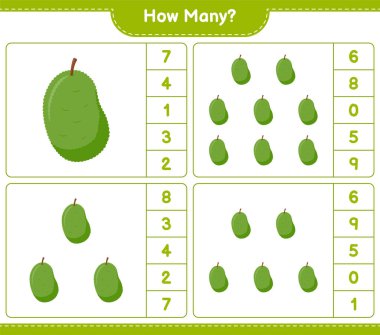 Maç sayısı, kaç tane Jackfruit. Eğitimsel çocuk oyunu, yazdırılabilir çalışma tablosu, vektör illüstrasyonu