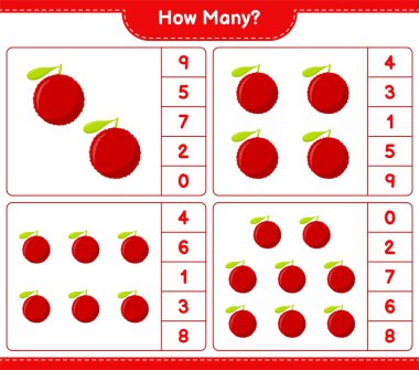 Oyun sayıyorum, ne kadar leziz. Eğitimsel çocuk oyunu, yazdırılabilir çalışma tablosu, vektör illüstrasyonu
