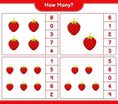 Maç sayısı, kaç çilek. Eğitimsel çocuk oyunu, yazdırılabilir çalışma tablosu, vektör illüstrasyonu