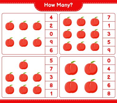 Oyun sayıyorum, kaç tane Nectarine. Eğitimsel çocuk oyunu, yazdırılabilir çalışma tablosu, vektör illüstrasyonu