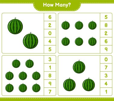 Maç sayısı, kaç karpuz. Eğitimsel çocuk oyunu, yazdırılabilir çalışma tablosu, vektör illüstrasyonu