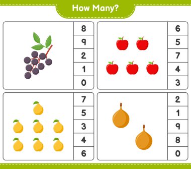 Oyun saymak, kaç meyve. Eğitimsel çocuk oyunu, yazdırılabilir çalışma tablosu, vektör illüstrasyonu
