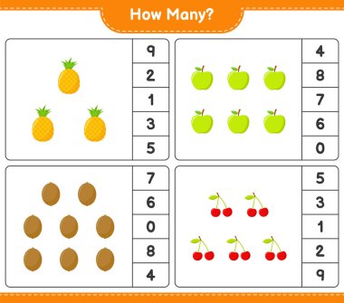 Oyun saymak, kaç meyve. Eğitimsel çocuk oyunu, yazdırılabilir çalışma tablosu, vektör illüstrasyonu