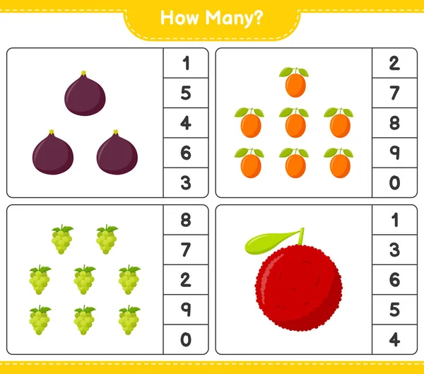 Räkna Spel Hur Många Frukter Pedagogiska Barn Spel Utskrivbara Kalkylblad — Stock vektor