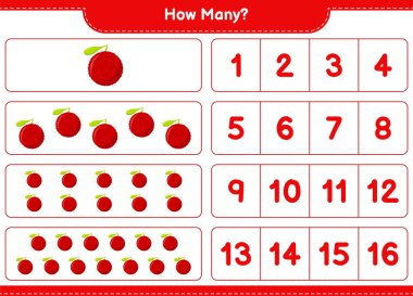 Oyun sayıyorum, ne kadar leziz. Eğitimsel çocuk oyunu, yazdırılabilir çalışma tablosu, vektör illüstrasyonu