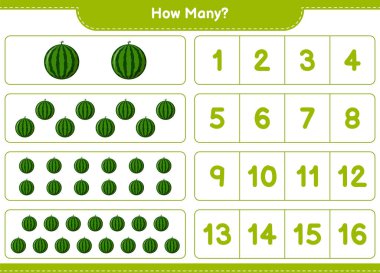 Maç sayısı, kaç karpuz. Eğitimsel çocuk oyunu, yazdırılabilir çalışma tablosu, vektör illüstrasyonu