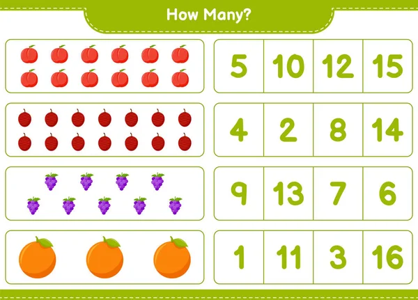 Counting Game How Many Fruits Educational Children Game Printable Worksheet — Stock Vector