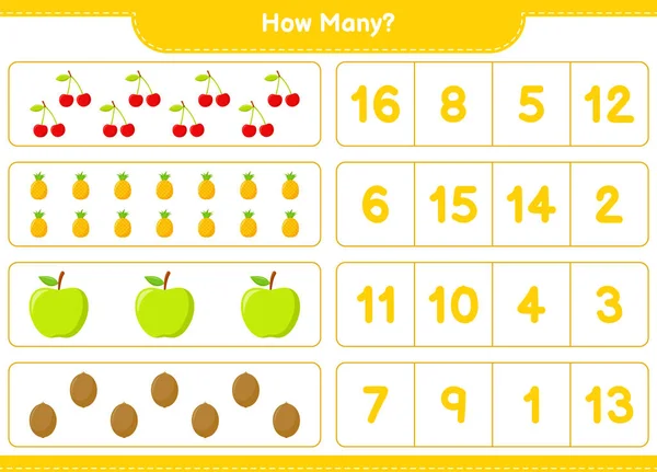 Counting Game How Many Fruits Educational Children Game Printable Worksheet — Stock Vector