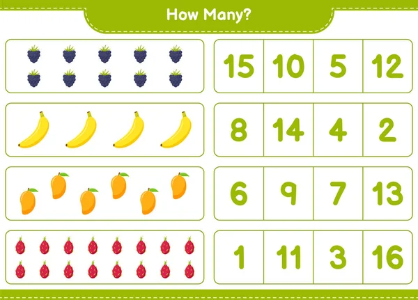 Counting Game How Many Fruits Educational Children Game Printable Worksheet — Stock Vector