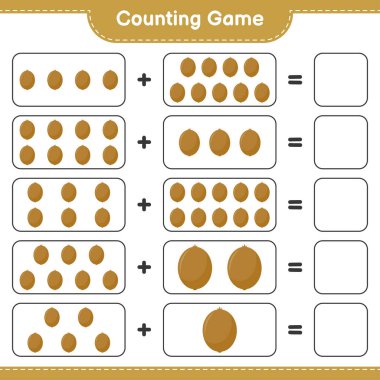Oyun sayılıyor, Kivi sayısını say ve sonucu yaz. Eğitimsel çocuk oyunu, yazdırılabilir çalışma tablosu, vektör illüstrasyonu