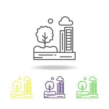 Şehir, bina, ağaç, Güneş renkli simge. Web, logo, mobil uygulaması, Kullanıcı arabirimi, beyaz arka plan üzerinde Ux için kullanılan