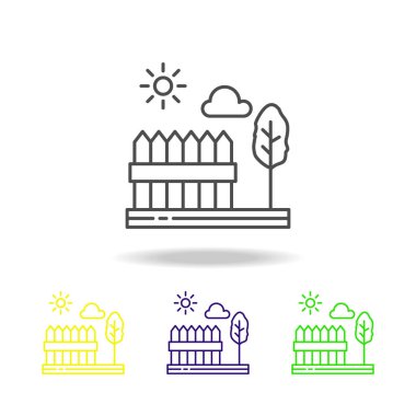 Çitler, ağaç, güneşli, renkli simge bulut. Web, logo, mobil uygulaması, Kullanıcı arabirimi, beyaz arka plan üzerinde Ux için kullanılan