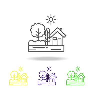 Ev, güneşli ağaç renkli simge. Web, logo, mobil uygulaması, Kullanıcı arabirimi, beyaz arka plan üzerinde Ux için kullanılan