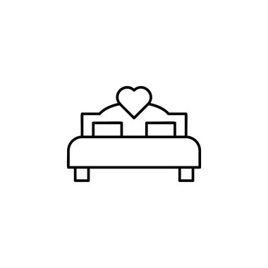 Sevgili simge yatak. Düğün için mobil kavramı ve web apps illüstrasyon unsuru. Web sitesi tasarımı ve geliştirme, uygulama geliştirme için ince çizgi simgesi. Beyaz arka plan üzerinde sigorta primi simgesi