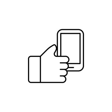 Telefon anahat simgesini kadar tutan el. Web siteleri, web tasarım, tasarım ve geliştirme beyaz arka plan üzerinde beyaz arka plan üzerinde mobil uygulama işaret ve sembolleri toplama simgesi için basit simge unsuru