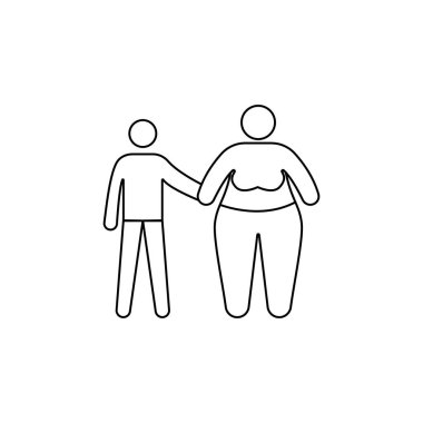 Obezite simgesi ile sorun aile içinde. Fast food mobil kavramı ve web uygulamaları için öğe. Web sitesi tasarımı ve geliştirme, uygulama geliştirme için ince çizgi simgesi. Beyaz arka plan üzerinde sigorta primi simgesi