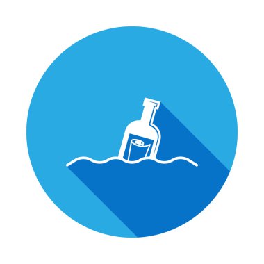 şişe uzun gölge ile deniz simgesinde bir mesajla. Plaj tatil için mobil kavramı ve web apps unsuru. İşaret ve sembolleri kullanılan web, logo, mobil uygulaması, kullanıcı arabirimi, Ux için