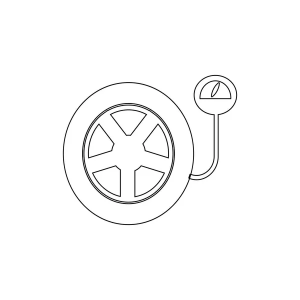 Manómetro de neumáticos, rueda de coche con icono de contorno manómetro. Elementos del icono de la ilustración de reparación de automóviles. Los signos y símbolos se pueden utilizar para la web, logotipo, aplicación móvil, interfaz de usuario, UX — Vector de stock