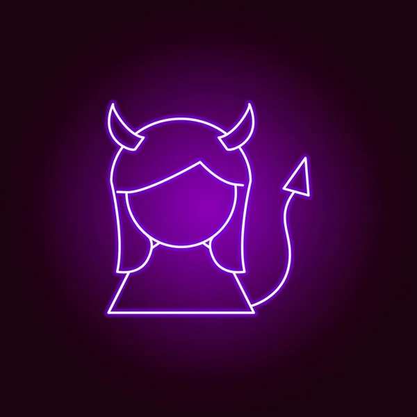 Diabo ícone de linha menina no estilo neon. Sinais e símbolos podem ser usados para web, logotipo, aplicativo móvel, UI, UX — Vetor de Stock