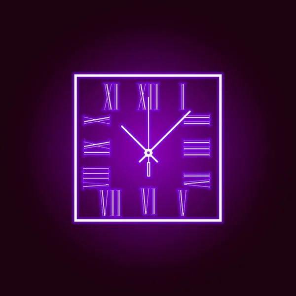 Square wall clock with Roman numerals line icon in neon style. Premium quality graphic design. Signs, symbols collection, simple icon for websites, web design, mobile app — Stock Vector