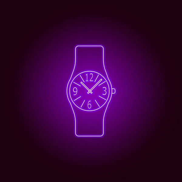 Muñequera moderna analógica para hombre Icono de línea de reloj en estilo neón. Diseño gráfico de primera calidad. Signos, colección de símbolos, icono simple para sitios web, diseño web, aplicación móvil — Vector de stock