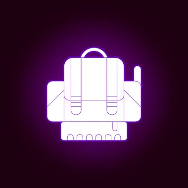 Neon tarzında Sırt çantası savaş simgesi. Savaş unsuru, zırh illüstrasyonu. Üstün kaliteli grafik tasarım simgesi. Web siteleri, web tasarımı, mobil uygulama için işaretler ve semboller simgesi