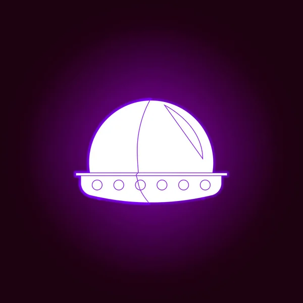 Piattino volante icona contorno in stile neon viola. Elementi dell'icona della linea di illustrazione UFO. Segni, simboli e vettori possono essere utilizzati per web, logo, app mobile, UI, UX — Vettoriale Stock