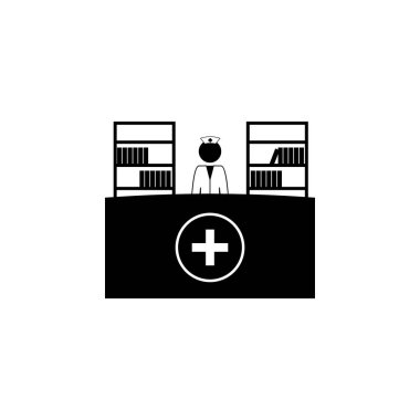 Hastane ikonuresepsiyon. Hastane simgesinde Hastaların Elemanları. Üstün kaliteli grafik tasarım. İşaretler, web siteleri için anahat sembolleri toplama simgesi, web tasarımı, mobil