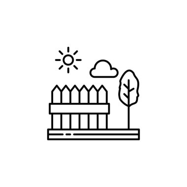 Çitler, ağaç, güneşli, bulut anahat simgesi. Manzara lar illüstrasyon unsuru. İşaretler ve semboller anahat simgesi web, logo, mobil uygulama, Ui, Ux için kullanılabilir.