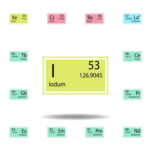 Εικονίδιο χρώματος περιοδικού iodum στοιχείο πίνακα. Σετ εικονιδίου χημικού χρώματος. Εικονίδιο συλλογής σημαδιών και συμβόλων για ιστότοπους, σχεδιασμό ιστοσελίδων, εφαρμογή για κινητές συσκευές — Διανυσματικό Αρχείο