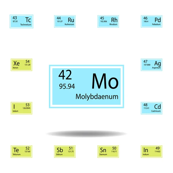 Tabela periódica elemento ícone de cor molibdênio. Conjunto de ícone de cor sinal químico. Ícone de coleção de sinais e símbolos para sites, web design, aplicativo móvel — Vetor de Stock