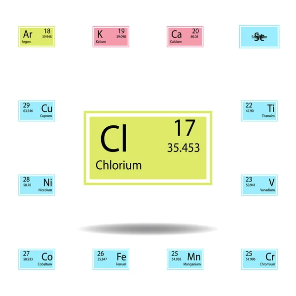 Periodieke tabelelement chlorium kleur pictogram. Set van chemisch tekenkleur pictogram. Tekenen en symbolen collectie icoon voor websites, webdesign, mobiele app — Stockvector