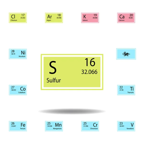 Periodensystem Element Schwefel Farbe Symbol. Satz chemischer Zeichenfarbe. Symbolsammlung für Webseiten, Webdesign, mobile App — Stockvektor