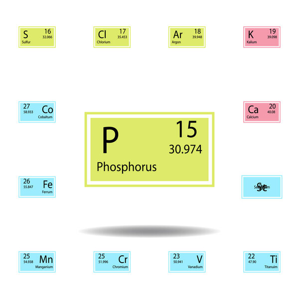 Значок цвета фосфора элемента периодической таблицы. Набор значка цвета химического знака. Знаки и значки сбора символов для веб-сайтов, веб-дизайна, мобильного приложения
