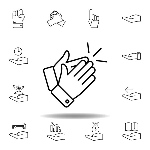 Visare applåder kontur ikon. Uppsättning hand gesturies illustration. Skyltar och symboler kan användas för webb, logo, mobilapp, UI, UX — Stock vektor