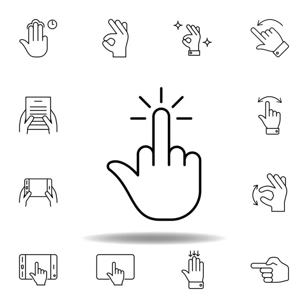 가운데 손가락 클릭 제스처 개요 아이콘입니다. 손 제스처 그림의 집합입니다. 표지판 및 기호는 웹, 로고, 모바일 앱, Ui, Ux에 사용할 수 있습니다. — 스톡 벡터