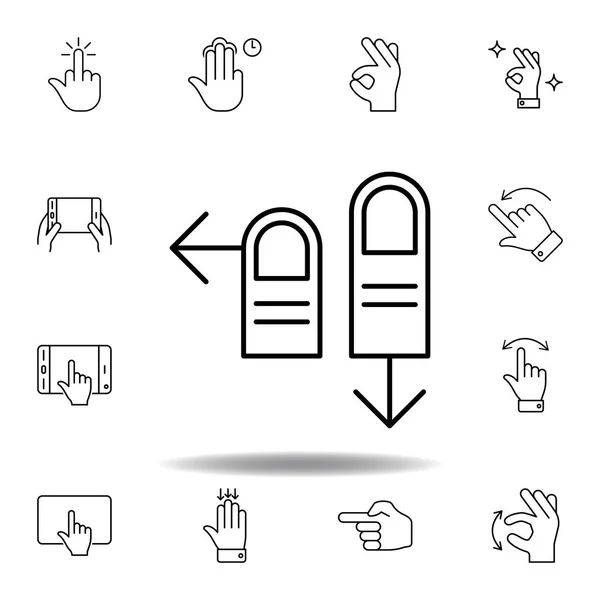 Fingers left and down swipe gesture outline icon. Set of hand gesturies illustration. Signs and symbols can be used for web, logo, mobile app, UI, UX — Stock Vector