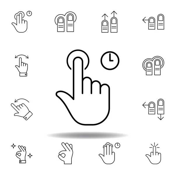 Finger håller TAP gest kontur ikon. Uppsättning hand gesturies illustration. Skyltar och symboler kan användas för webb, logo, mobilapp, UI, UX — Stock vektor