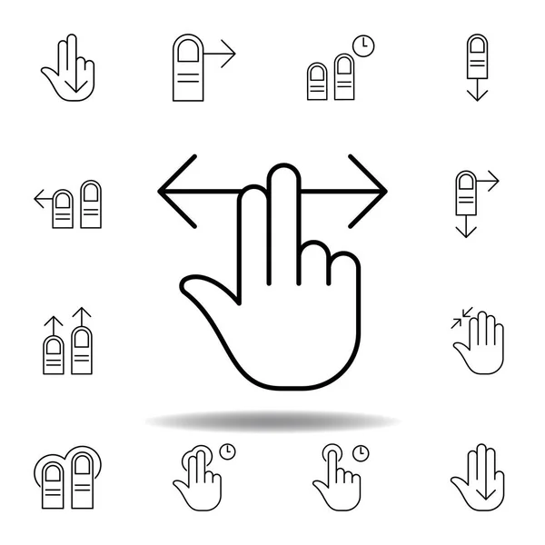 Två fingrar höger och vänster svep gest kontur ikon. Uppsättning hand gesturies illustration. Skyltar och symboler kan användas för webb, logo, mobilapp, UI, UX — Stock vektor