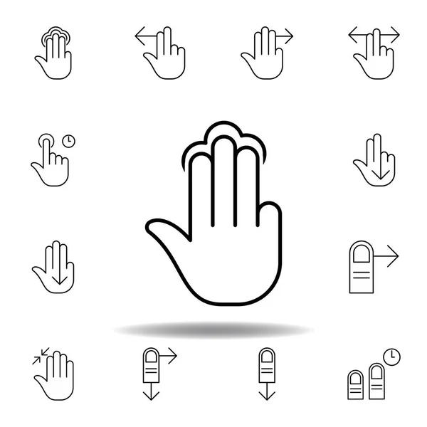 Tres dedos sosteniendo el icono del contorno del gesto del golpecito. Conjunto de gestos de mano ilustración. Los signos y símbolos se pueden utilizar para la web, logotipo, aplicación móvil, interfaz de usuario, UX — Vector de stock