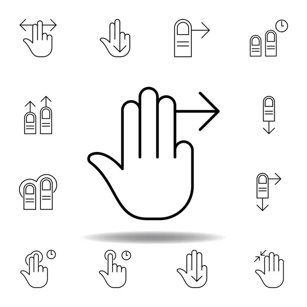 Tre fingrar svep höger gest kontur ikon. Uppsättning hand gesturies illustration. Skyltar och symboler kan användas för webb, logo, mobilapp, UI, UX — Stock vektor