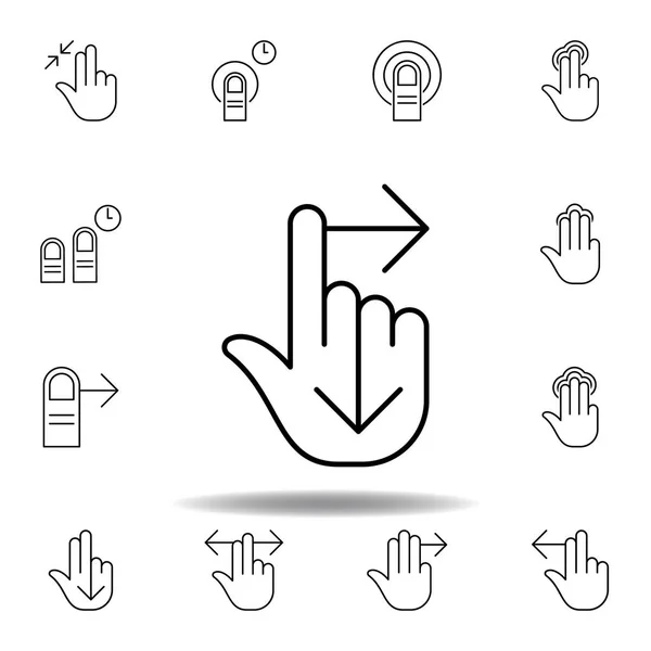 Två fingrar svep höger och nedåtgest kontur ikon. Uppsättning hand gesturies illustration. Skyltar och symboler kan användas för webb, logo, mobilapp, UI, UX — Stock vektor