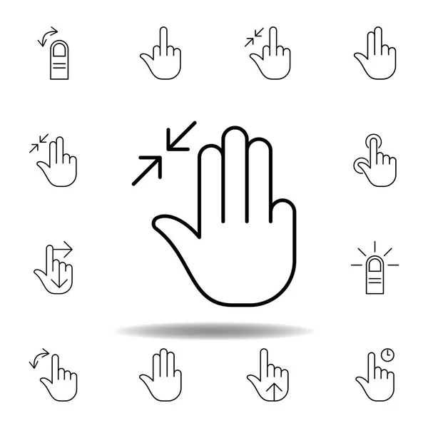 Tres dedos en cambiar el tamaño icono del contorno del gesto. Conjunto de gestos de mano ilustración. Los signos y símbolos se pueden utilizar para la web, logotipo, aplicación móvil, interfaz de usuario, UX — Archivo Imágenes Vectoriales