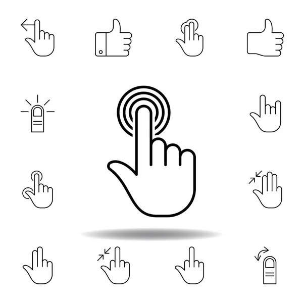 Ett finger håller knacka på gestdispositionsikon. Uppsättning hand gesturies illustration. Skyltar och symboler kan användas för webb, logo, mobilapp, UI, UX — Stock vektor