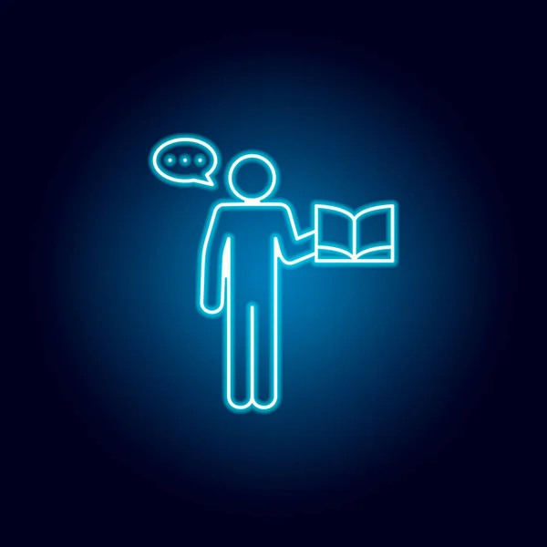 Literature teacher icon in blue neon style. education symbol sign pictogram. — Stock Vector