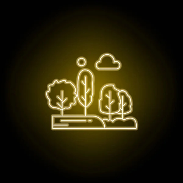 Bomen, maan, wolk lijn icoon in gele Neon stijl. Element van landschappen illustratie. Teken en symbolen lijn icoon kan worden gebruikt voor web, logo, mobiele app, ui, UX — Stockvector